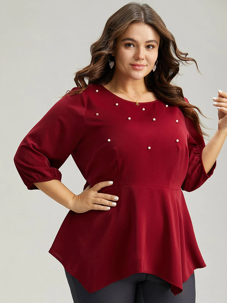 Plain Pearl Beaded Gathered Hanky Hem Blouse 4 Plain Pearl Beaded Gathered Hanky Hem Blouse - Image 2