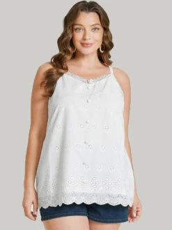 Plain Lace Trim Broderie Anglaise Button Detail Cami Top -Bloomchic Shop 128286836 as