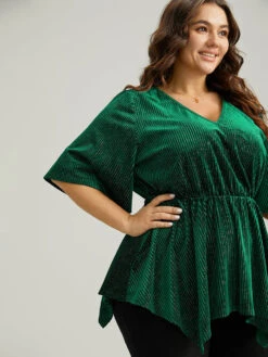 Velvet Elastic Waist Ruffle Sleeve Hanky Hem Blouse -Bloomchic Shop 128764058 vp