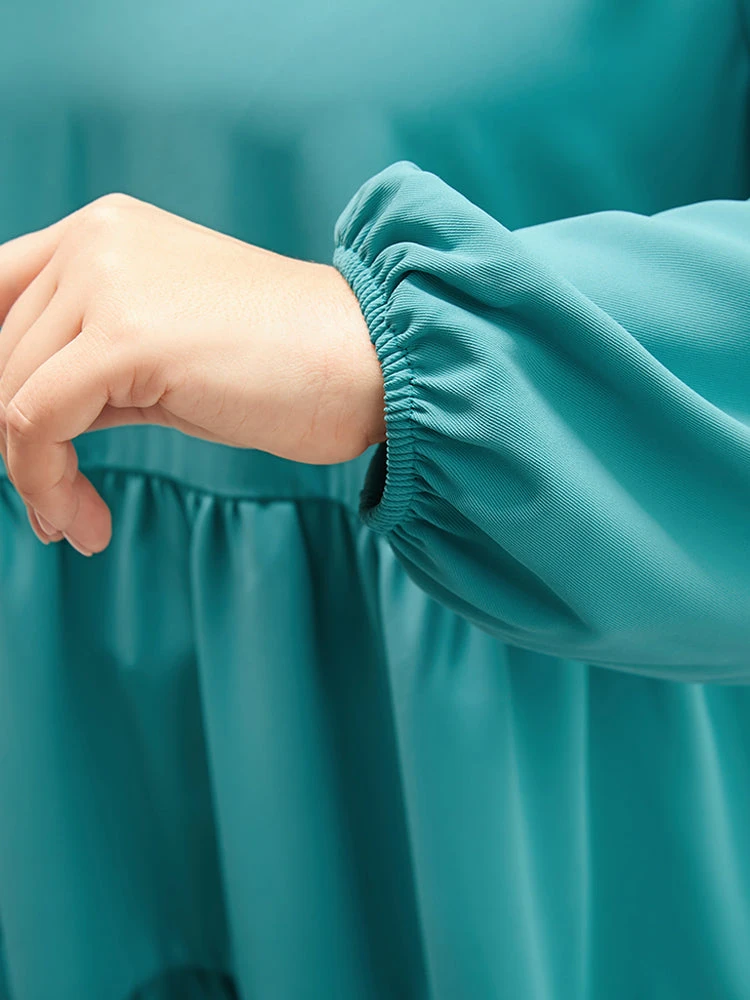 Solid V Neck Lantern Sleeve Ruffle Hem Blouse Without Belt 10 Solid V Neck Lantern Sleeve Ruffle Hem Blouse Without Belt - Image 8