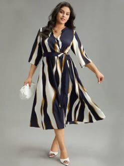 Water Ripple Belted Overlap Collar Pocket Dress -Bloomchic Shop 128939719 il