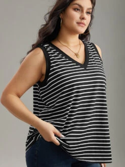 V Neck Striped Contrast Trim Tank Top -Bloomchic Shop 129431003 ee