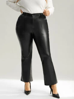 Plain PU Leather Pocket Bootcut Pants -Bloomchic Shop 130857082 bw