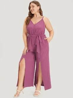 Plain Split Front Pocket Surplice Neck Belted Jumpsuit