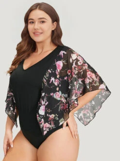 Floral Print Patchwork Mesh Asymmetrical Sleeve Bodysuit -Bloomchic Shop 131069070 bn