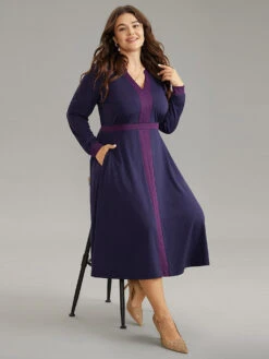 Contrast Notched Gathered Elastic Waist Dress -Bloomchic Shop 131333640 xt