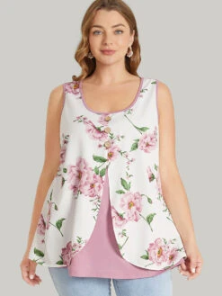 Floral Split Front Button Detail 2-In-1 Tank Top -Bloomchic Shop 131912591 jj