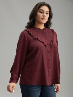 Stand Collar Solid Gathered Frill Trim Blouse 11 Stand Collar Solid Gathered Frill Trim Blouse -Bloomchic Shop 132355695 ro