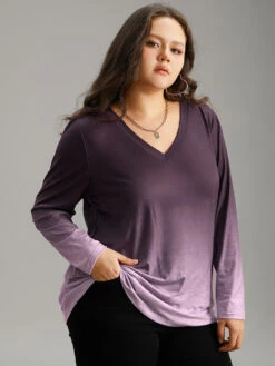 Ombre V Neck Slightly Stretchy T-shirt 10 Ombre V Neck Slightly Stretchy T-shirt -Bloomchic Shop 132604703 jz