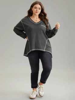 Contrast Stitch Waffle Knit Curved Hem T-shirt -Bloomchic Shop 132932589 fn