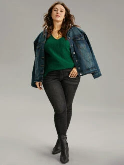 Plain Texture V Neck Roll Dolman Sleeve T-shirt -Bloomchic Shop 133139385 ji