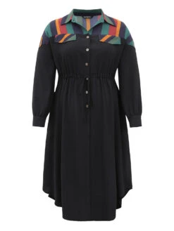 Striped Contrast Drawstring Button Detail Shirt Collar Dress -Bloomchic Shop 134086965 tn