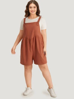 Solid Pocket Button Through Gathered Overall Jumpsuit -Bloomchic Shop 137054424 mg