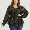 Star Print Lantern Sleeve Asymmetrical Ruffles Hem Wrap Blouse -Bloomchic Shop 137613179 kd