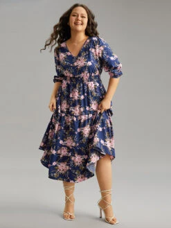 Floral Print Shirred Elastic Cuffs Dress -Bloomchic Shop 138324592 df