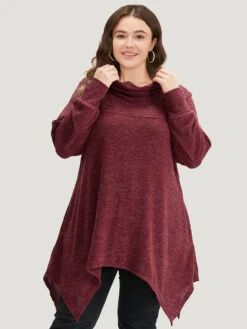 Solid Turtleneck Pocket Hanky Hem Sweatshirt