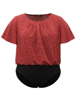 Polka Dot Elastic Waist Plicated Detail Ruffle Sleeve Bodysuit -Bloomchic Shop 138992790 jw