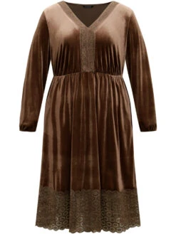 Plain Velvet Elastic Waist Patchwork Lace Dress -Bloomchic Shop 139378887 re