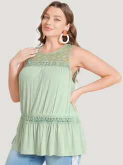 Plain Contrast Lace Mesh Ruffle Hem Tank Top -Bloomchic Shop 139509150 la