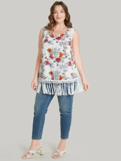 Floral Print Fringe Trim Tank Top -Bloomchic Shop 139664551 xx