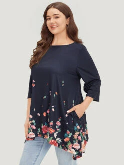 Floral Print Crew Neck Asymmetrical Hem T-shirt -Bloomchic Shop 14063152 by