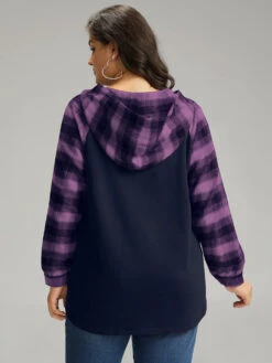 Plaid Print Hooded Patchwork Sweatshirt -Bloomchic Shop 142014835 up