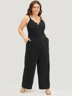 Lace Patchwork Scalloped Trim Plicated Detail Pocket Cami Jumpsuit -Bloomchic Shop 142730286 eb
