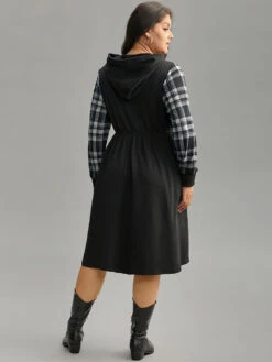 Plaid Patchwork Drawstring Pocket Hooded Dress -Bloomchic Shop 142936607 pe