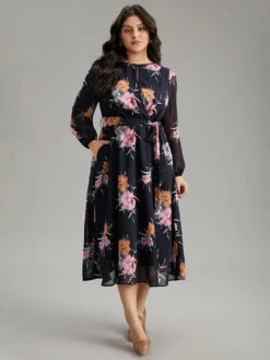 Chiffon Floral Print Keyhole Belted Pocket Dress -Bloomchic Shop 144524901 ul