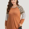 Striped Patchwork Leopard Print Crew Neck T-shirt -Bloomchic Shop 145169250 yk