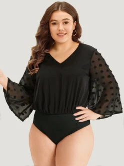 Polka Dot Patchwork Mesh Bell Sleeve Bodysuit 13 Polka Dot Patchwork Mesh Bell Sleeve Bodysuit -Bloomchic Shop 146506508 vy