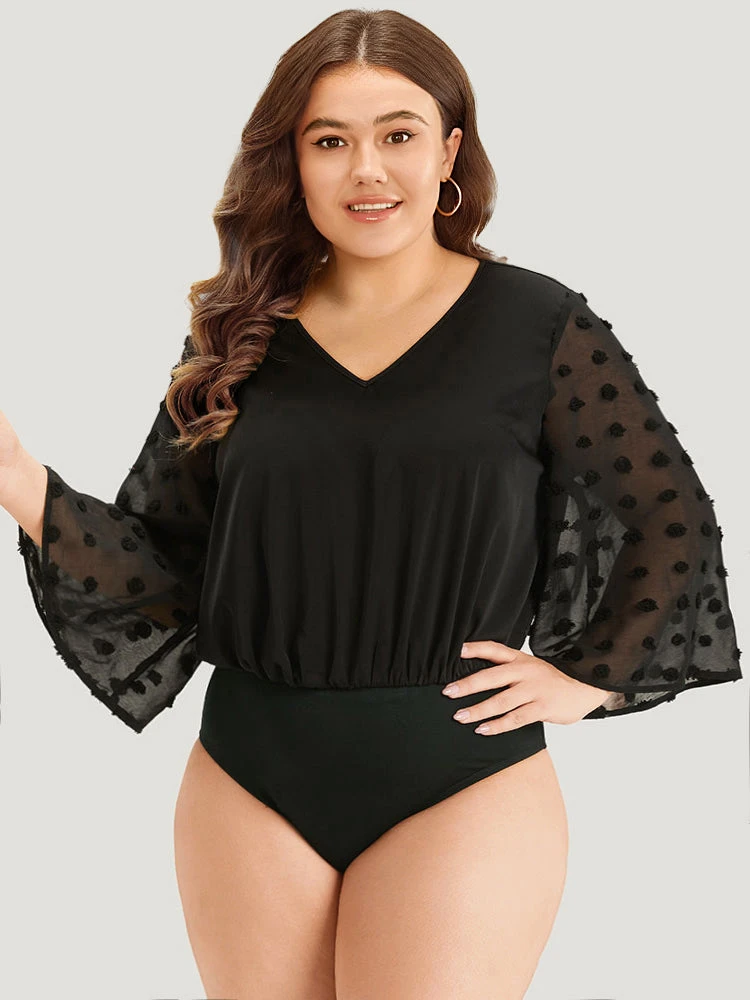 Polka Dot Patchwork Mesh Bell Sleeve Bodysuit 5 Polka Dot Patchwork Mesh Bell Sleeve Bodysuit - Image 3