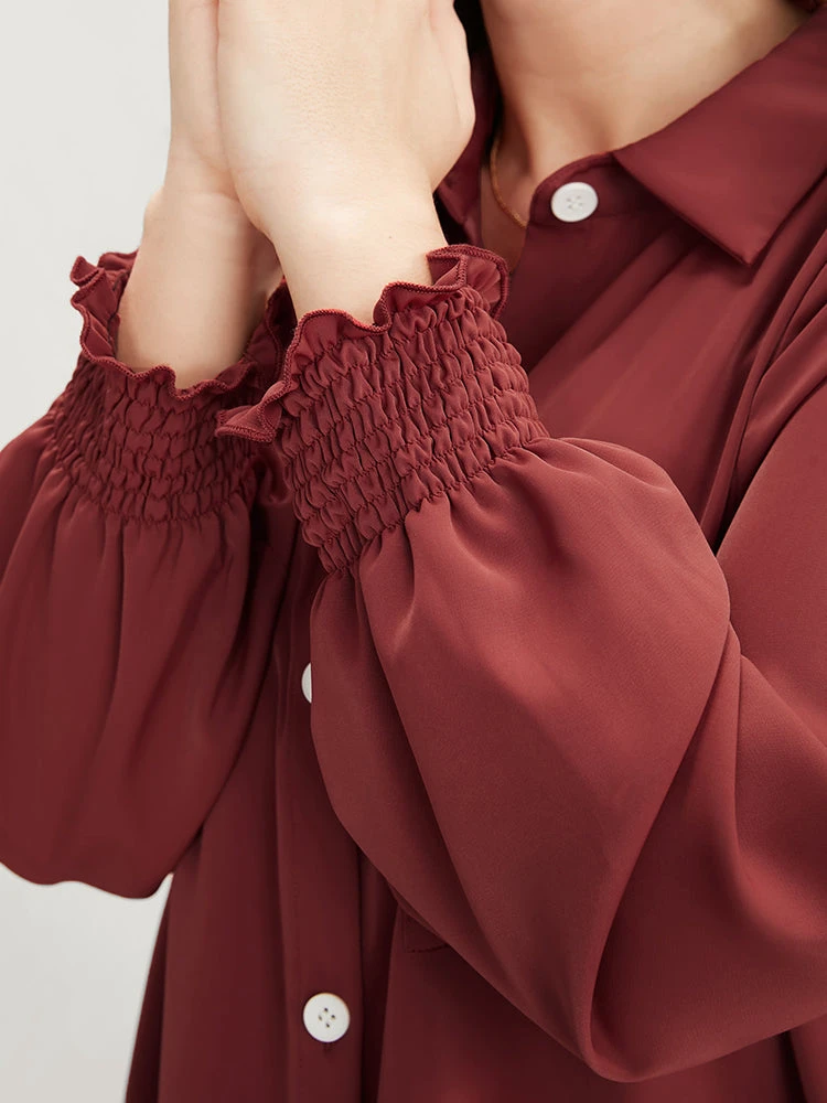 Solid Shirred Pocket Button Up High Low Hem Blouse 7 Solid Shirred Pocket Button Up High Low Hem Blouse - Image 5