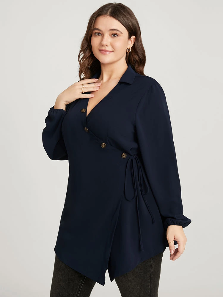 Solid Lantern Sleeve Button Detail Ties Side Wrap Blouse 3 Solid Lantern Sleeve Button Detail Ties Side Wrap Blouse