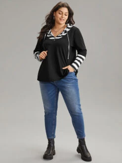 Striped Patchwork Hooded Half Zip Sweatshirt 11 Striped Patchwork Hooded Half Zip Sweatshirt -Bloomchic Shop 147212904 ks