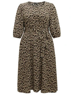 Leopard Elastic Waist Belted Round Neck Dress -Bloomchic Shop 147636904 gx