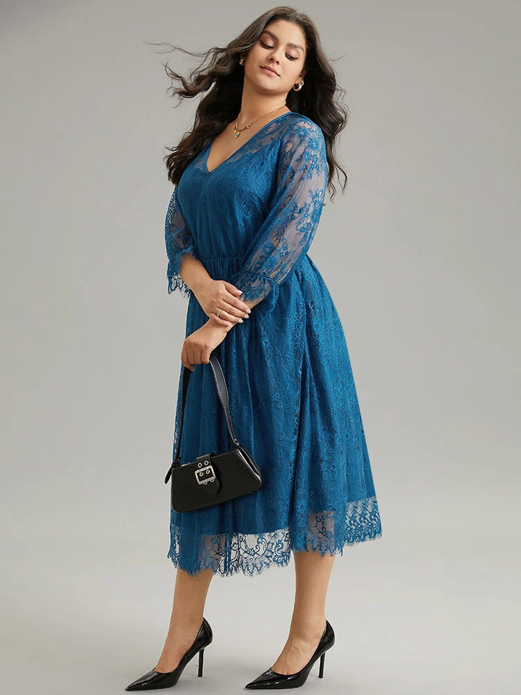 Plain Crochet Lace Mesh Elastic Waist Dress 6 Plain Crochet Lace Mesh Elastic Waist Dress - Image 4