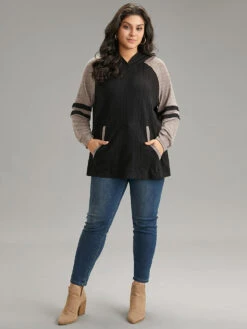 Contrast Textured Raglan Sleeve Pocket Hooded Sweatshirt -Bloomchic Shop 148460044 zj