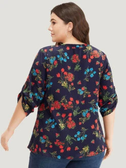Floral Print Notched Tab Sleeve Blouse -Bloomchic Shop 149282106 aq