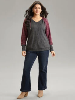 Contrast Jacquard Raglan Sleeve Hooded Sweatshirt -Bloomchic Shop 149570581 wf