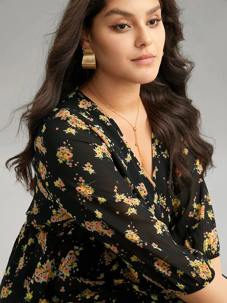 Floral Overlap Collar Pocket Elastic Waist Dress 7 Floral Overlap Collar Pocket Elastic Waist Dress - Image 5