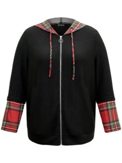 Christmas Plaid Patchwork Hooded Zipper Sweatshirt -Bloomchic Shop 151395818 wz