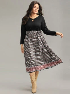 Geometric Patchwork Cut Out Belted Dress