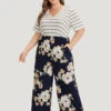 Striped & Floral Patchwork Pocket Jumpsuit -Bloomchic Shop 152755683 mx