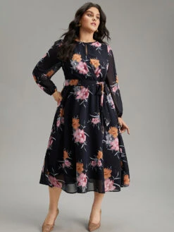 Chiffon Floral Print Keyhole Belted Pocket Dress