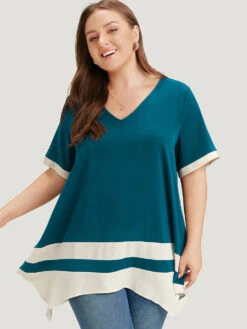 Anti-Wrinkle Two Tone Hanky Hem Blouse -Bloomchic Shop 154706455 yx 57f08391 afa5 4a68 bd27 25d7d1fe30d4