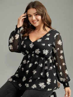 Silhouette Floral Print Gathered Shirred Blouse -Bloomchic Shop 154883394 ip