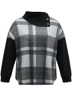 Plaid Patchwork Mock Neck Button Detail Sweatshirt -Bloomchic Shop 155955383 hm