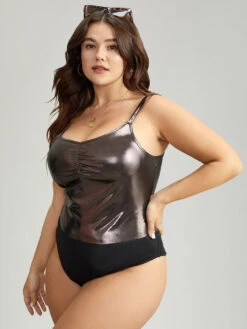 Solid Patchwork Ruched Adjustable Straps Bodysuit -Bloomchic Shop 156694795 eb