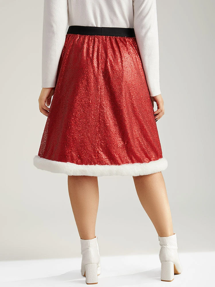Christmas Sequin Patchwork Fuzzy Trim Skirt 4 Christmas Sequin Patchwork Fuzzy Trim Skirt - Image 2